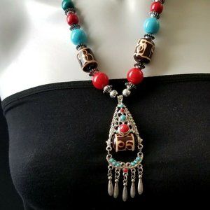 BOHO CHIC STATEMENT NECKLACE WOOD LUCITE EYE BEADS